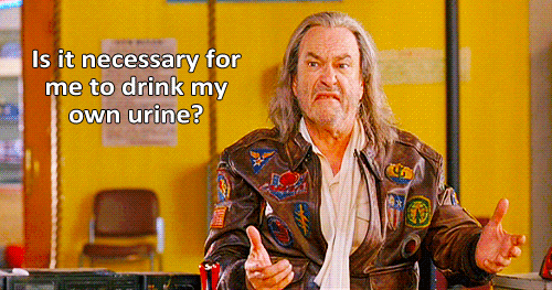 Rip Torn, as Parches O'Houlihan, defensively ranting about his choice to voluntarily drink his own urine.